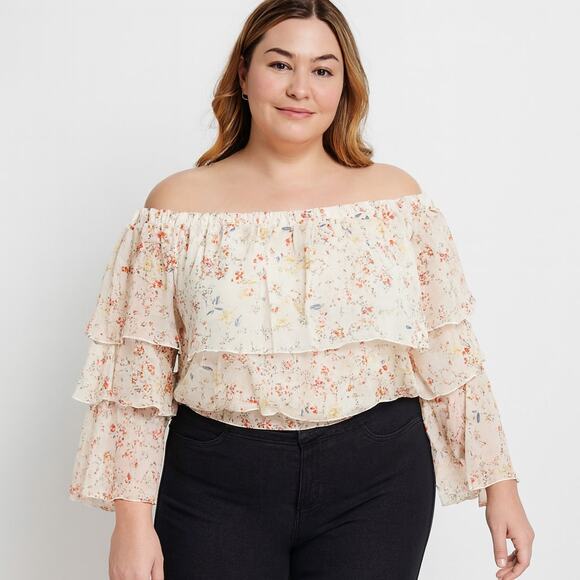 OHS Women’s Plus Size Off-Shoulder Floral Crop Top, Flowy Bell Sleeves – Size 1X - Picture 1 of 7